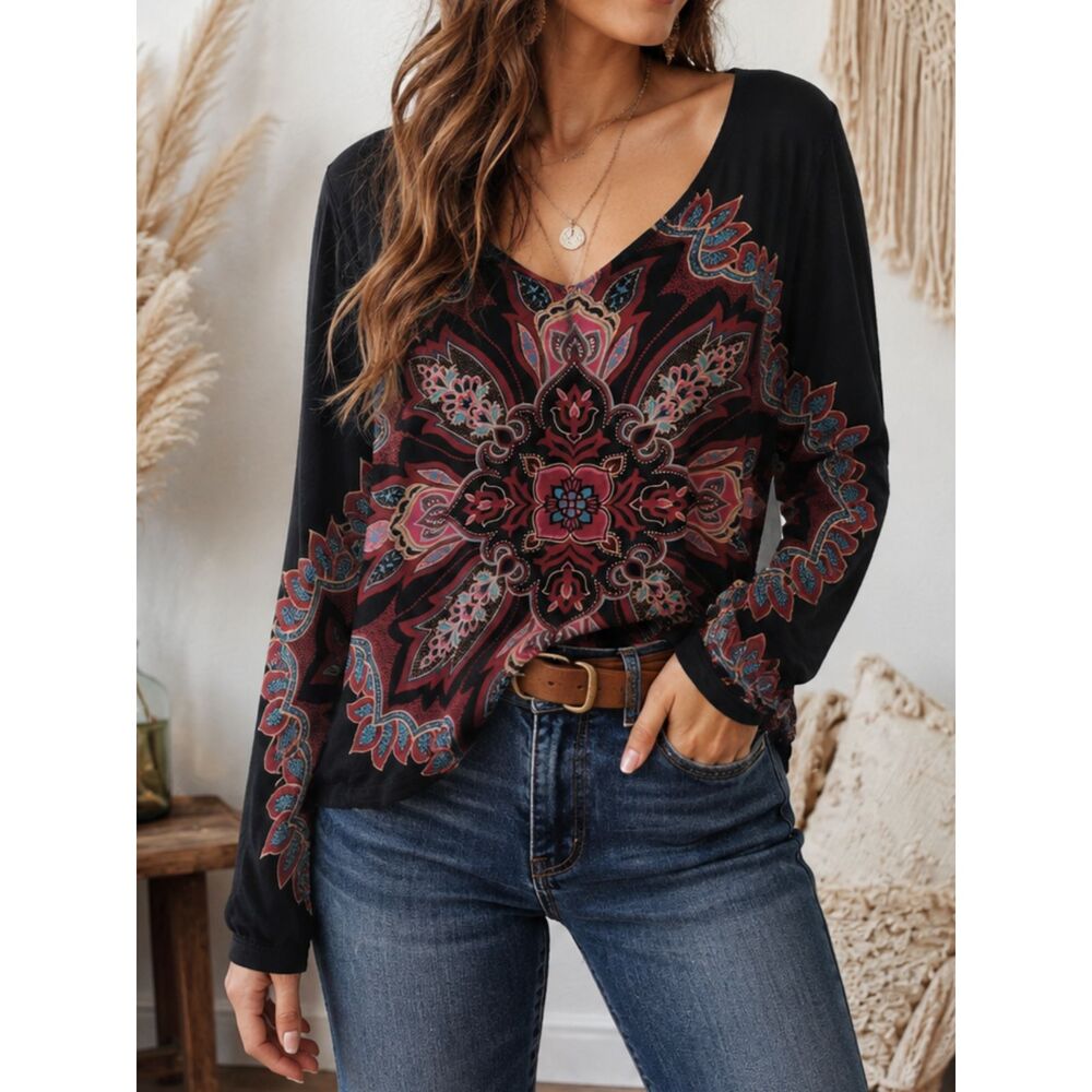 Lucky Brand Black Boho Mandala Paisley Long Sleeve Top Large Cotton Tunic